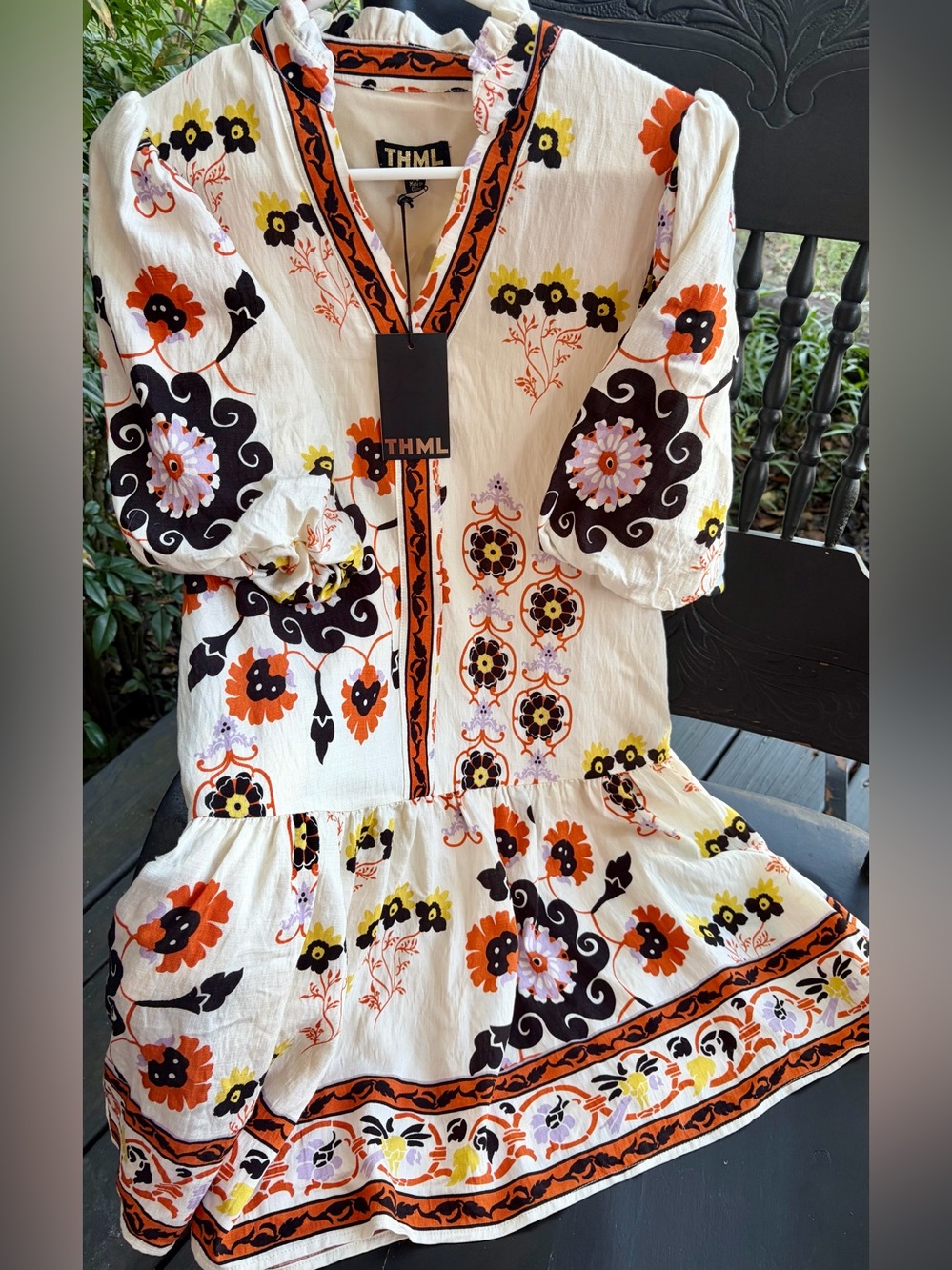 THML White Mini Dress with Orange, Black & Yellow Floral Embroidery